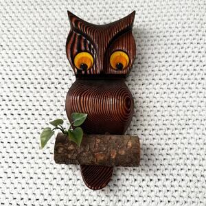 Vintage Green Mountain Cryptomeria Yellow Felt Eyes Owl Wall Hanging 9" MCM